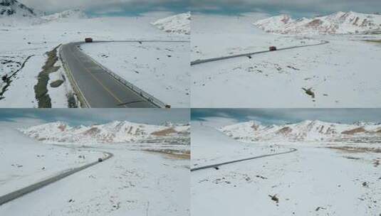 西藏旅游风光318国道雪山风景卡车高清在线视频素材下载