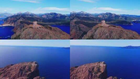 航拍海岛山脉天空大海蓝天白云法国科西嘉岛高清在线视频素材下载