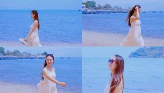 蔚蓝的大海边淡黄色的沙滩上甜甜微笑的美女高清在线视频素材下载