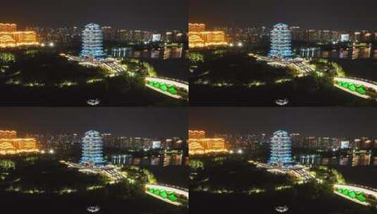 淄博海岱楼夜景航拍高清在线视频素材下载