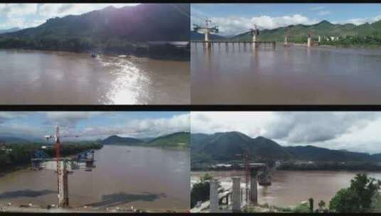 老挝 中老铁路 湄公河大桥 航拍 轮渡高清在线视频素材下载