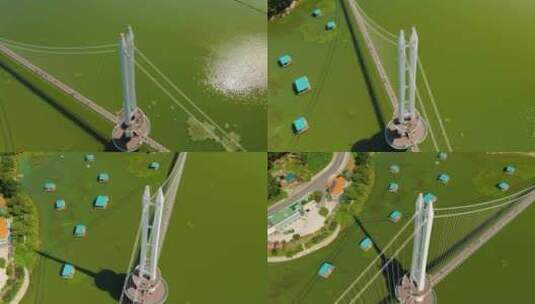 绿色湖上的白色天文台和桥梁。高清在线视频素材下载