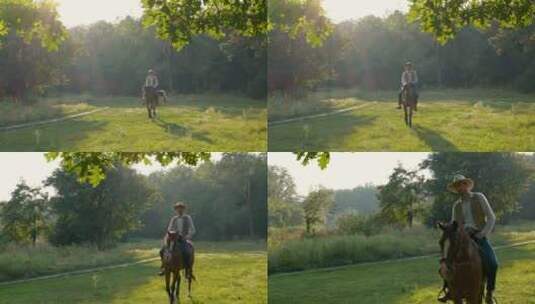森林草坪上骑马的美国牛仔高清在线视频素材下载