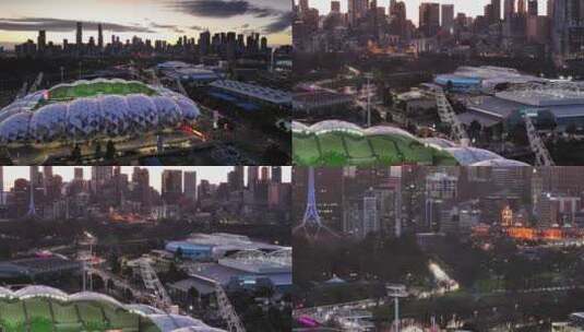 航拍澳大利亚墨尔本市中心体育场日落夜景灯高清在线视频素材下载