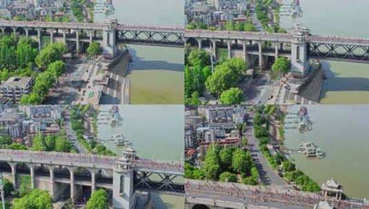 汉马大众选手跑过武汉长江大桥和临江大道高清在线视频素材下载