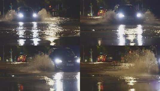 汽车在雨水中行驶卷起水花高清在线视频素材下载