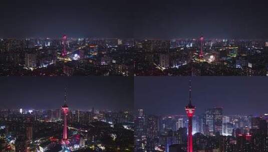 成都地标339熊猫塔电视塔夜景航拍高清在线视频素材下载