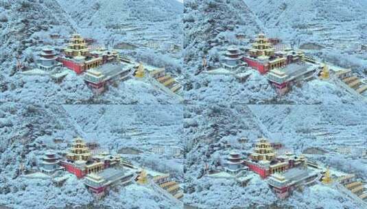 雪中藏式寺庙建筑群鸟瞰全景高清在线视频素材下载