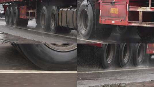 雨天货车卡车道路运输车辆轮胎特写升格高清在线视频素材下载