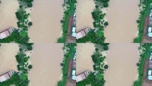 航拍泛滥的河流引发洪水高清在线视频素材下载