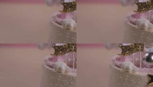 粉红色独角兽奶油生日蛋糕高清在线视频素材下载