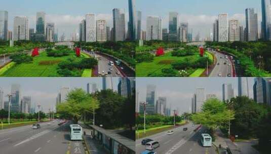 深圳福田深南大道市民中心公交车航拍高清在线视频素材下载