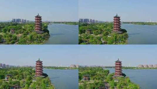 东莞航拍华阳湖湿地公园华阳塔左环绕高清在线视频素材下载