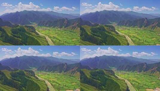 中国西部甘肃省武威市山谷草原上的村落航拍高清在线视频素材下载