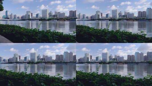 广州珠江岸现代高楼建筑群与蓝天白云高清在线视频素材下载