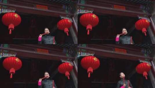 中式胡同四合院女人吃糖葫芦高清在线视频素材下载