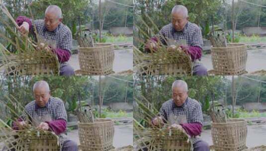 四川农村老人用竹条编制背篓传统手艺人高清在线视频素材下载