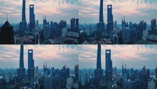 上海三件套傍晚蓝调航拍高清在线视频素材下载