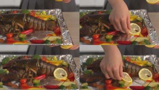厨房模特做大龙虾高清在线视频素材下载