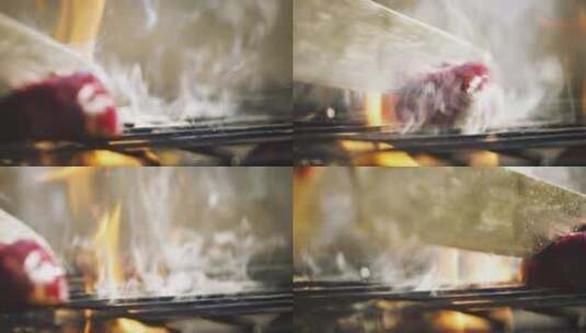 用烤炉进行烤牛肉微距镜头高清在线视频素材下载