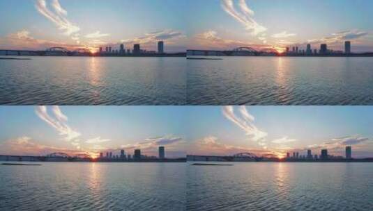 城市黄昏绝美日落水面拍摄高清在线视频素材下载