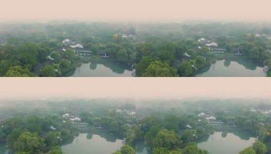 杭州西溪湿地公园初秋晨曦晨雾航拍高清在线视频素材下载