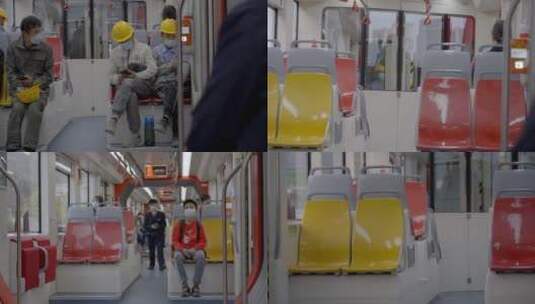 2023广州黄埔区有轨电车安全帽工人乘客高清在线视频素材下载