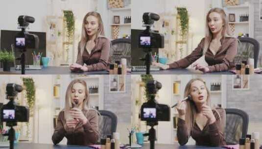 年轻美丽的美女Vlogger录制化妆教程高清在线视频素材下载