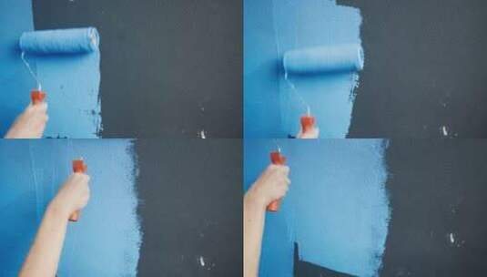特写女人手持油漆滚筒，进行家庭修复墙壁重新粉刷高清在线视频素材下载