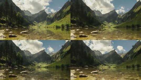 延时云彩漂浮在瑞士阿尔卑斯山的Seealpsee湖上高清在线视频素材下载