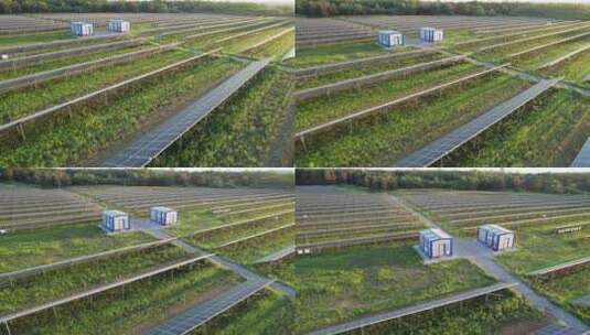 日落时分绿地上太阳能农场的鸟瞰图排成一排的太阳能电池板高清在线视频素材下载