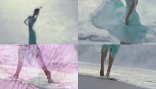 女人海边戏浪踏浪舞蹈身影脚步4K高清在线视频素材下载