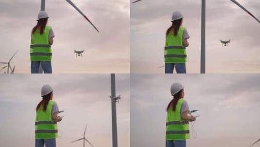 4K女工程师航拍风力发电高清在线视频素材下载
