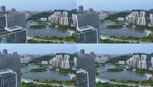 航拍 湖面与城市建筑高清在线视频素材下载
