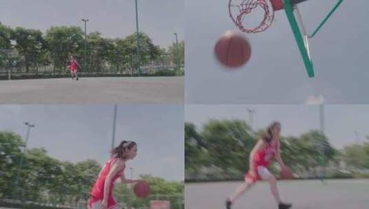 篮球场女孩打篮球运球上篮进球慢动作高清在线视频素材下载