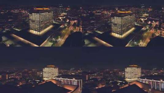 城市航拍洛杉矶市中心摩天大楼地标汽车灯光高清在线视频素材下载