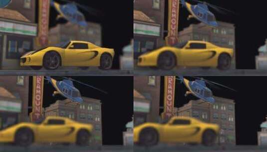 黄色跑车和直升机在城市3D动画在阿尔法频高清在线视频素材下载