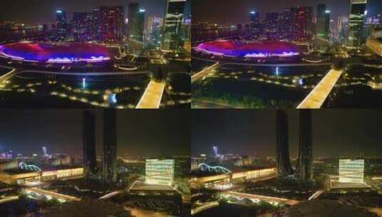 杭州滨江奥体中心杭州之门夜景航拍高清在线视频素材下载