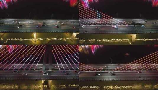 俯拍夜晚大桥上飞驰行驶的车辆高清在线视频素材下载