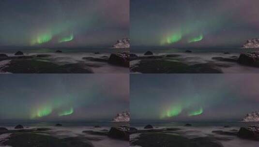 挪威罗弗敦群岛北极圈雷纳海边雪景极光延时高清在线视频素材下载