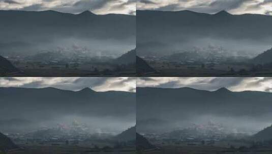 云南香格里拉松赞林寺藏传佛教晨雾延时高清在线视频素材下载
