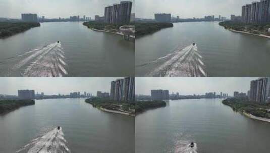佛山顺德公园游艇在江面上行驶航拍高清在线视频素材下载