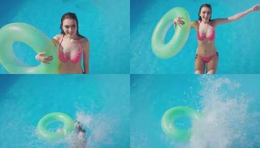 比基尼美女抱着救生圈跳进泳池高清在线视频素材下载