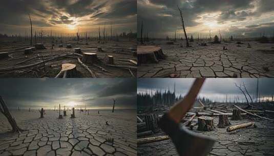 森林砍伐枯树失衡树桩沙化沙尘暴破坏环境高清在线视频素材下载