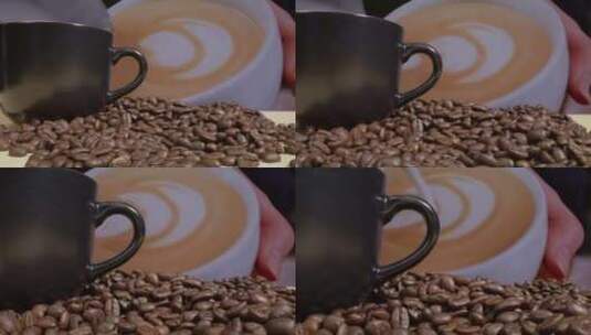 咖啡杯、咖啡豆的镜头视图和带咖啡的咖啡杯高清在线视频素材下载