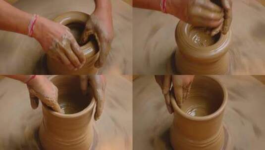 陶器轮粘土壶罐子上的陶器成型粘土熟练的手高清在线视频素材下载