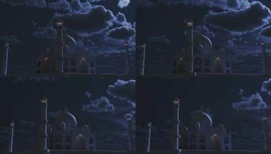 大型穆斯林清真寺在夜晚和云层中发光。高清在线视频素材下载