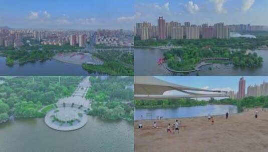航拍枣庄东湖公园高清在线视频素材下载