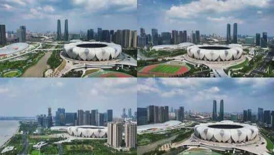 浙江杭州奥体博览中心体育馆航拍高清在线视频素材下载