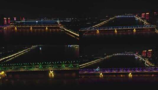 湖北襄阳汉江大桥夜景灯光航拍高清在线视频素材下载